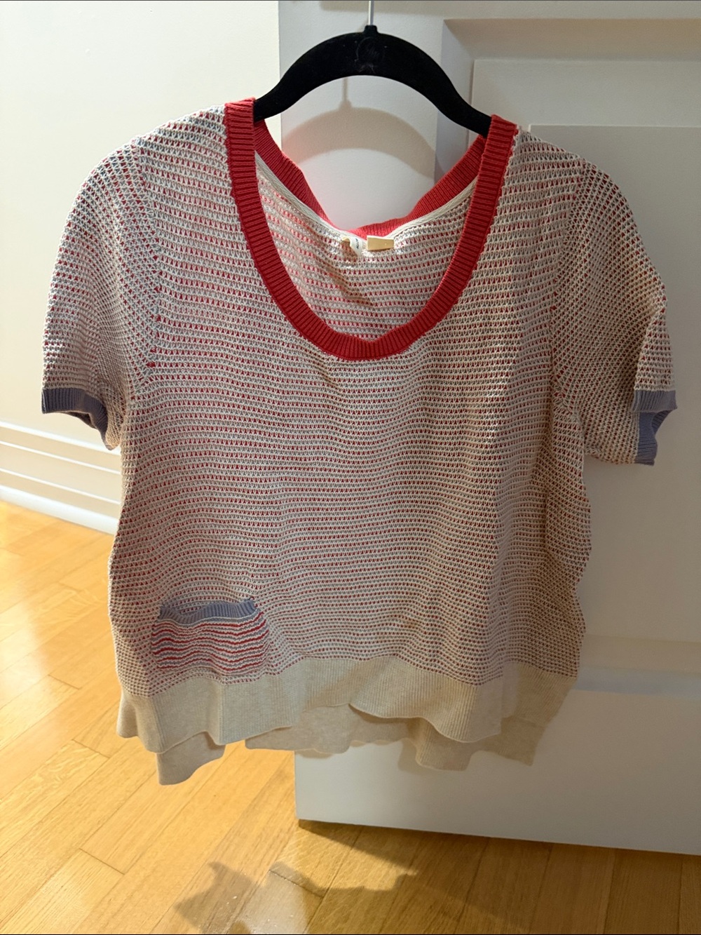 Anthropologie Short-Sleeve Open Knit Top in Cream, Red, Blue